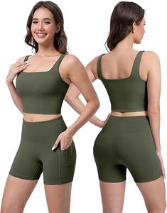 Olive Green 2 Piece Yoga <b>Set</b> <b>Square</b> Neck Crop Top High Waist Leggings Seamless With Pockets Full Length Activewear - Product Image 3