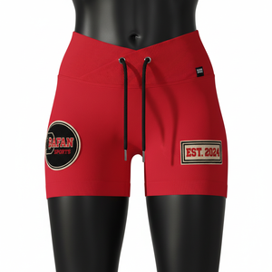 Short rojo premium de poliéster y spandex de 240 GSM con cintura cruzada acanalada y logo bordado. - Product Image 6