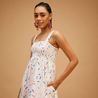 Robe Bandeau Summer Smile Premium pour Femme, Maxi en Coton Imprimé Blanc, Sans Manches, Smocked, Volants, Coupe A-Line, Lavable, Respirante, Plage