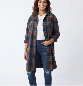<b>Women</b> Plaid <b>Long</b> Shirts Casual 100% Cotton Button Down Oversize Print <b>Top</b> Winter Wear Full Sleeve Baggy Drop Shoulder Shirts - Product Image 5