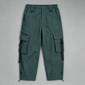 Men's Casual Olive Green Cargo Pants Elastic Waist Drawstring Closure Multiple Pockets Canvas Customizable High-quality Autumn - Product Image 5