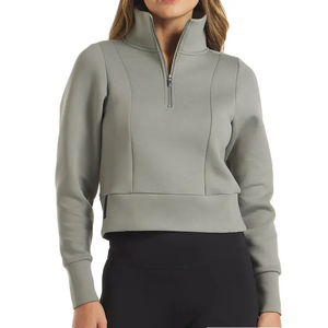 Sudadera de Mujer con Cuello Alto y Cremallera, Color Morado, Manga Larga, Tejido de Punto, Color Sólido, Transpirable, Corta, para Otoño - Product Image 5