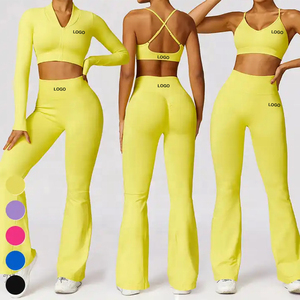 <b>Women</b> High Waist Flared Leg <b>Yoga</b> Set Solid Color Breathable Seamless 2 Piece Sportswear Top And <b>Pants</b> - Product Image 4