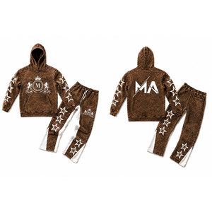 Ensemble de survêtement marron délavé à l'acide avec étoiles blanches et pantalon long à cordon de serrage 350 g/m² 100 % coton Streetwear - Product Image 3