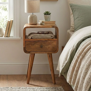 Mesa de Noche de Madera Maciza con 2 Cajones, Estilo Moderno de Mediados de Siglo, con Estante Abierto, Mesa Auxiliar Vintage para Dormitorio - Product Image 3