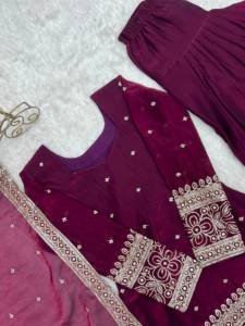 Designer Embroidery Sequence And Zari Work Fandy Silk <b>Top</b> With Farshi Salwar Bottom And Dupatta Fully Stitched Ready To Wear Set - Product Image 6