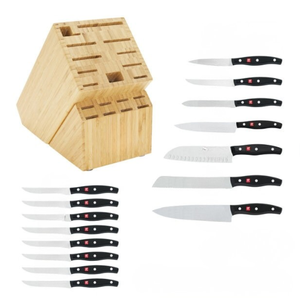 Ensemble de couteaux de cuisine à lames argentées avec manches rivetés noirs, bloc de rangement marron et ciseaux pour la préparation et la découpe des fruits et légumes - Product Image 6