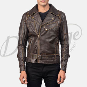 Veste de motard en cuir marron foncé pour homme, style vintage vieilli, en véritable peau de mouton, coupe ajustée, automne-hiver, avec ceinture - Product Image 1