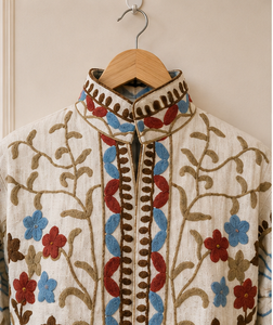<b>White</b> Cotton Suzani <b>Jackets</b> Floral Embroidered Boho Artisan Jaipur Handmade Ethnic Fashion Retro Layering Boutique Wholesale B2B - Product Image 6