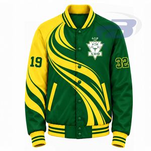 Chaqueta universitaria de satén verde y amarillo con contraste para mujer Chi Eta Phi, bordada con letras griegas, cuello y puños de punto a rayas, ropa exterior - Product Image 1
