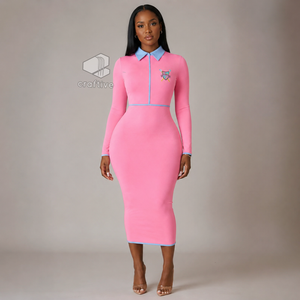 Robe moulante mi-longue rose pour femme Gamma Phi Delta avec col polo contrastant bleu clair, fermeture éclair quart de tour, manches longues, coupe ajustée, robe décontractée - Product Image 5