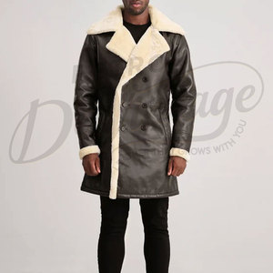 Manteau en cuir véritable marron foncé pour homme, doublure en fausse fourrure, chaud pour l'hiver, long, à double boutonnage, en cuir - Product Image 4