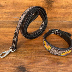 Correa de perro de cuero hecha a mano y conjunto de collar de perro de cuero con girasol estilo occidental correa de perro personalizada duradera para mascotas - Product Image 2