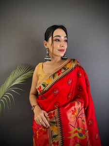 <b>Red</b> <b>Silk</b> Paithani Saree Zari Woven Floral Sari for Wedding Party Festival Wear - Product Image 2