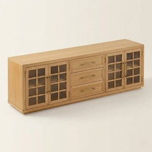 Modern Solid Oak Frame TV <b>Cabinet</b> with Arched Glass Doors and Three Drawer <b>Storage</b> for Contemporary Living <b>Rooms</b> - Product Image 5
