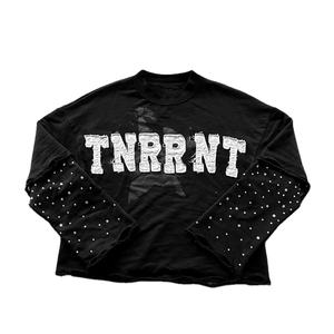 Custom <b>Sweatshirt</b> Rhinestone Distressed Embroidered acid wash Long <b>Sleeve</b> Double Layered Oversized T Shirt Heavyweight for Men - Product Image 1