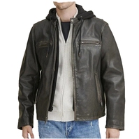 Blouson en cuir véritable pour homme, col montant enduit, à capuche, fermeture éclair frontale, coupe ajustée, chaud, style moto, décontracté, automne