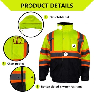 High Visibility Hooded Safety <b>Jacket</b> Men's Reflective Striped Workwear <b>Winter</b> <b>Waterproof</b> Canvas Style with Pockets - Product Image 4