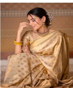 Sari en soie dorée, robe de mariage indienne traditionnelle, longueur au sol, coupe classique, style Banarasi, drapé, pour femme - Product Image 3