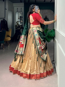 Women Traditional Silk <b>Lehenga</b> Choli Set With <b>Red</b> Blouse And Green Dupatta Floor Length <b>Wedding</b> Wear India Style - Product Image 3