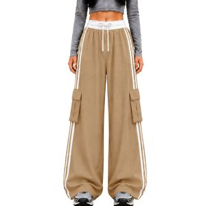 Customized <b>Womens</b> <b>Khaki</b> Wide Leg Cargo Track <b>Pants</b> High Waist Drawstring Side Stripe Relaxed Fit Utility Streetwear Custom OEM - Product Image 1