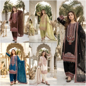 Conjuntos de Ropa Étnica India y Pakistaní: Top, Palazzo y Dupatta con Bordado Pesado de Mal Chanderi, Espejos y Lentejuelas (PU 1725) - Product Image 1