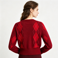 Pull en tricot à col en V pour femme, motif Argyle, manches longues, style preppy