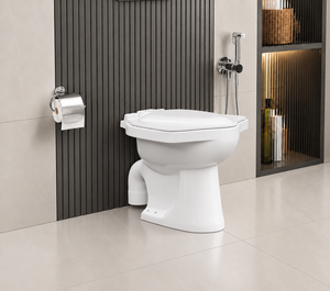 Cuvette de toilettes monobloc en céramique blanche, à poser au sol, allongée, avec évacuation en P/S, design moderne et écologique pour salle de bain - Product Image 1