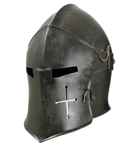 Casque en acier noir avec découpes en croix, fermeture latérale et fentes étroites pour les yeux, disponible à prix de gros. - Product Image 1