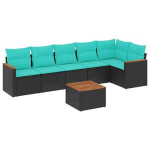 Black Poly Rattan Garden <b>Sofa</b> <b>Set</b> With Cushions 7 Piece Outdoor Furniture Contemporary Style - Product Image 2