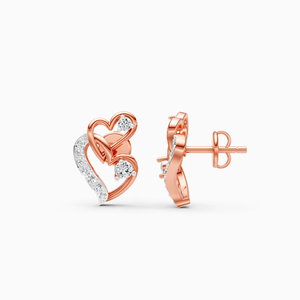 Boucles d'oreilles à double cœur serties de diamants avec diamants de laboratoire de 0,21 carat en or rose, jaune et blanc 14 carats - Product Image 2