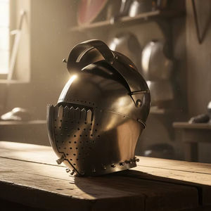 Casco Medieval Grande Hecho a Mano de Acero al Carbono, Armadura de Caballero con Visera Abatible, Listo para Batalla, Calibre 14, para Reenactamiento - Product Image 1