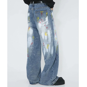 Jean en denim à jambe large, taille haute, coupe ample, délavé, peint à la main, style streetwear, en coton, pantalon tendance printemps - Product Image 5