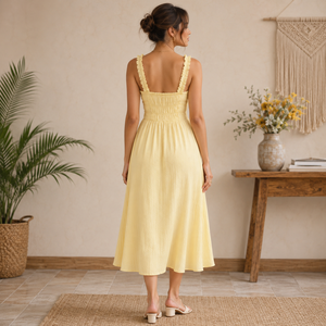 Vestido Midi Amarillo Fruncido para Mujer con Volantes, Tirantes y Lazo Delantero, Sin Mangas, Corte A, para Fiesta de Verano, Casual, Playa, Vacaciones, Elegante, Estilo Boho - Product Image 3
