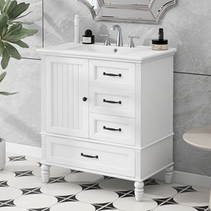 Mueble de Baño de Madera Maciza de 30 Pulgadas con Lavabo, Puerta, Tres Cajones, Tablero de MDF y Patas Ajustables - Product Image 2
