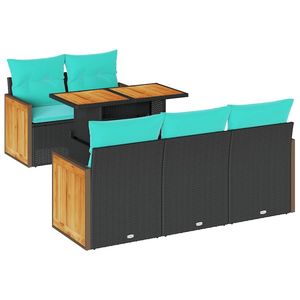 6 Piece Black Poly Rattan Acacia Garden <b>Sofa</b> <b>Set</b> with Cushions - Product Image 2