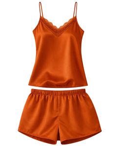 Burnt Orange Satin Camisole Shorts Set Women Sleepwear <b>Lace</b> Trim Spaghetti Strap Soft Breathable Summer Nightwear Pajama Set - Product Image 1