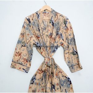 Albornoz Kimono de Algodón Estampado a Mano con Cinturón, Albornoces Suaves de Algodón, Albornoz Kimono Estampado a Mano, Albornoz Personalizado para Mujer - Product Image 3