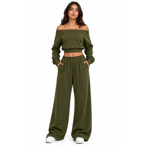 Conjunto de Sudadera Corta con Hombros Descubiertos y Pantalones Anchos de Felpa de Algodón Grueso para Mujer, Estilo Otoñal, OEM - Product Image 1
