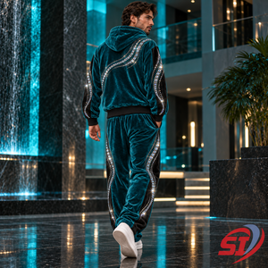 Conjunto de Sudadera con Capucha y Pantalones de Terciopelo Personalizado Teal Mirage Empire, 280 GSM, con Cristales de Imitación, Sudadera con Capucha Premium con Cristales de Imitación - Product Image 5