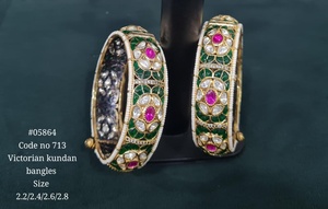 05864Victorian Kundan Bangle Set Gold Plated Enamel <b>Bracelets</b> Pink <b>Ruby</b> l Floral Wedding Jewelry for Women - Product Image 3