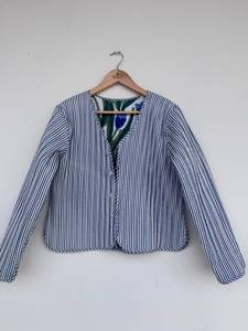 Blue Green Floral Print Lightweight Breathable Warm Reversible Quilted 100% Cotton V-neck Women's Handmade Boho <b>Vintage</b> <b>Jacket</b> - Product Image 4