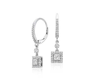 14K Gold Princess Cut Halo Lab Grown <b>Diamond</b> <b>Dangle</b> <b>Earrings</b> - Product Image 1