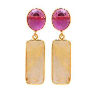 Belle Rutile Doré Naturel Et Tourmaline Rose Gemme 925 Argent Sterling Plaqué Or Boucles D'oreilles De Mode Bijoux Pour Femmes - Product Image 1