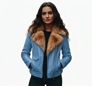 Women's Purple Shearling Leather <b>Biker</b> <b>Jacket</b> With Fur Collar Windproof Motorcycle Outerwear Regular Fit Full Sleeve - Product Image 4