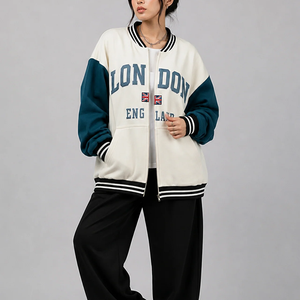 London England Varsity <b>Jacket</b> Blue White Sleeve Zipper Front Logo Print Autumn Wear Women's <b>Jacket</b> - Product Image 3