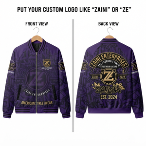Blouson bomber pour homme, violet et noir, 220 GSM, polyester premium, logo personnalisé brodé, poignets côtelés, veste streetwear - Product Image 1