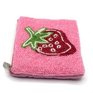 <b>Pink</b> Beaded Strawberry Embroidered Coin <b>Purse</b> Handmade Rectangular Zipper Wallet Craft Gift - Product Image 2
