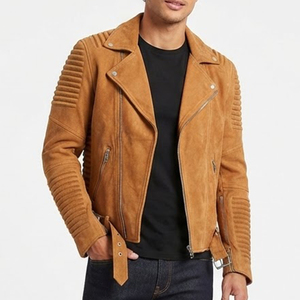 High Demands Custom Logo High <b>Men's</b> Brown <b>Suede</b> Moto Biker <b>Jacket</b> With Zipper Closure And Ribbed Sleeves Autumn Casual Outerwear - Product Image 1