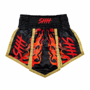 กางเกงมวยไทย SHH สีดำแดงลายเปลวไฟ สำหรับผู้ชาย MMA มวยสากล คิกบ็อกซิ่ง ฝึกซ้อม แข่งขัน ผ้าซาติน แห้งเร็ว โพลีเอสเตอร์ 100% พิมพ์ลายดิจิตอล - Product Image 1